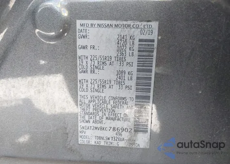 2019 Nissan Rogue Sl from USA, damaged, VIN 5N1AT2MV8KC786902